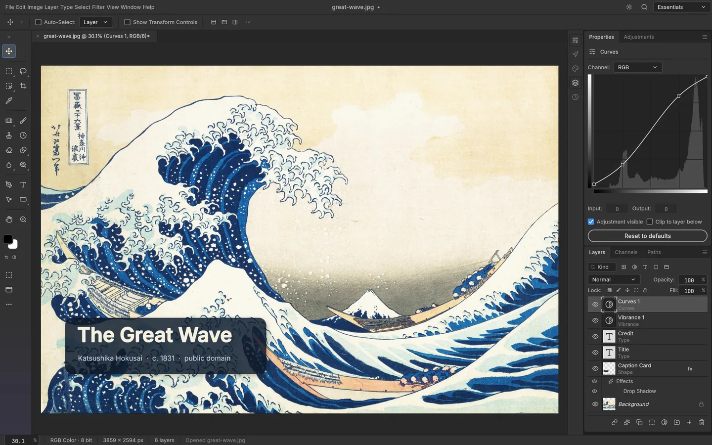 Complete PhotoCraft workspace showing the canvas, tools, layers, and Curves adjustment